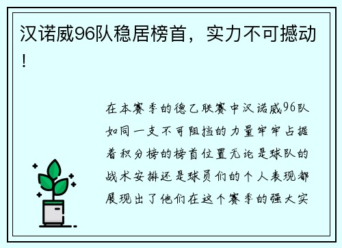 汉诺威96队稳居榜首，实力不可撼动！